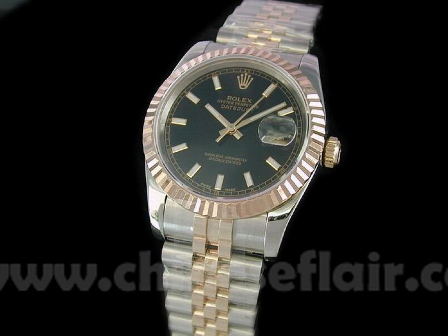 Clone Rolex Datejust 2-Tone Black Face Watch Jubilee Band